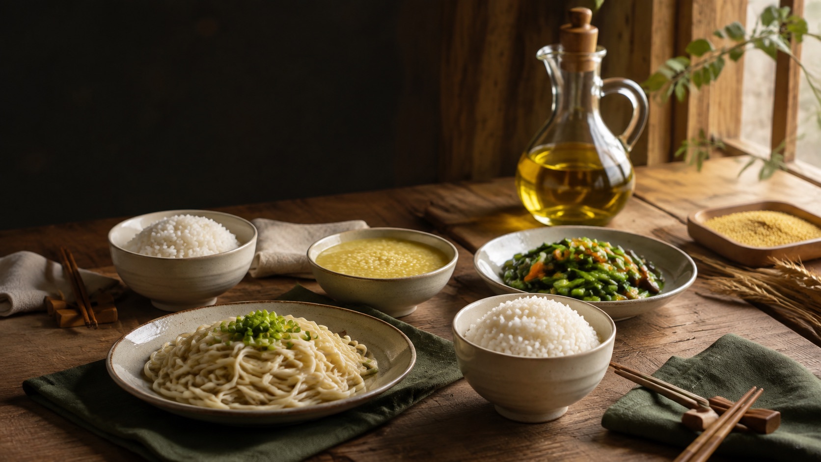 米饭与面食组成的日常餐桌，AI场景示意